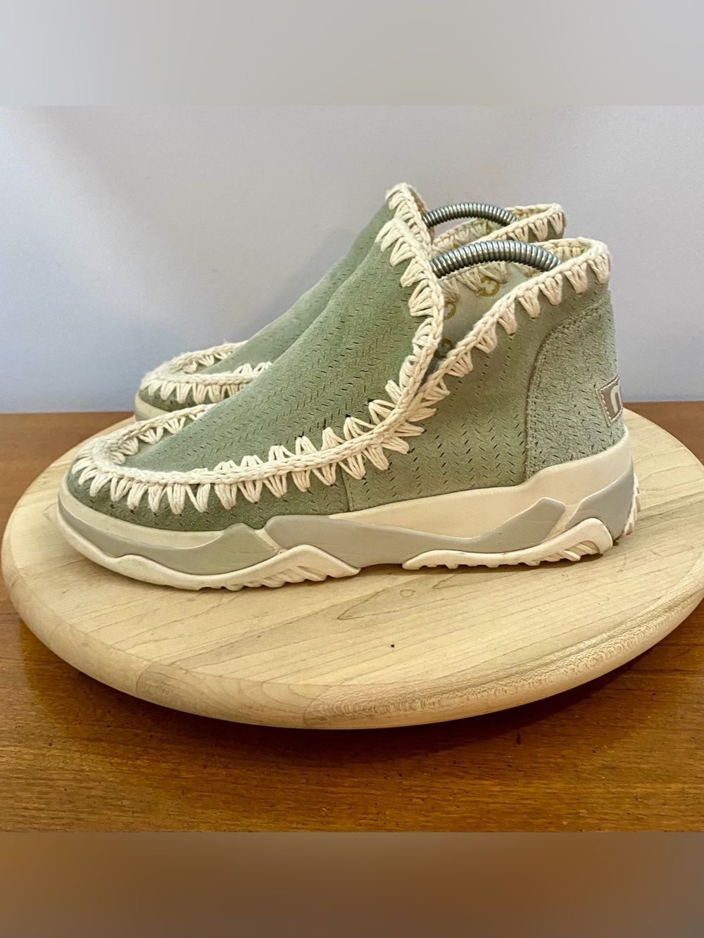 Mou Eskimo Sneaker Boots Sage Green Sheepskin Wool Crochet Stitching Womens US 9 - Picture 3 of 11
